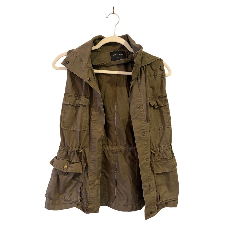 Love Tree Womens Olive Green Hooded Utility Vest Military Cargo Jacket Small